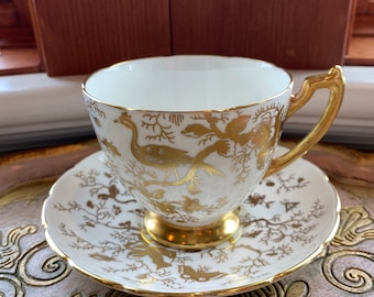 Vintage Coalport Cairo gouden kop en schotel thee met vogels en insecten en gouden handvat, Engels porselein voor verzamelaars antiek!