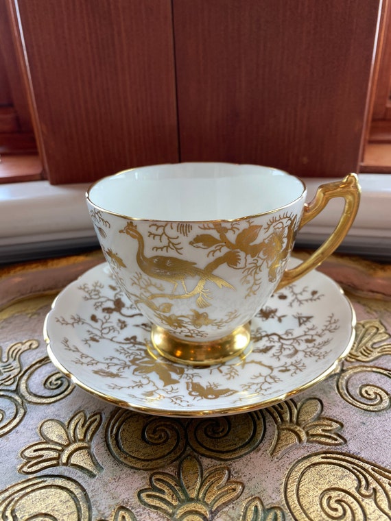 Vintage Coalport Cairo Gold Bird and Insect Tea Cup and Saucer and
