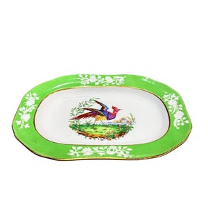 May include: An oval serving dish with a bright green border and a white interior. The border is decorated with white floral designs. The centre of the dish features a colourful bird illustration on a grassy area. The dish has a gold trim.