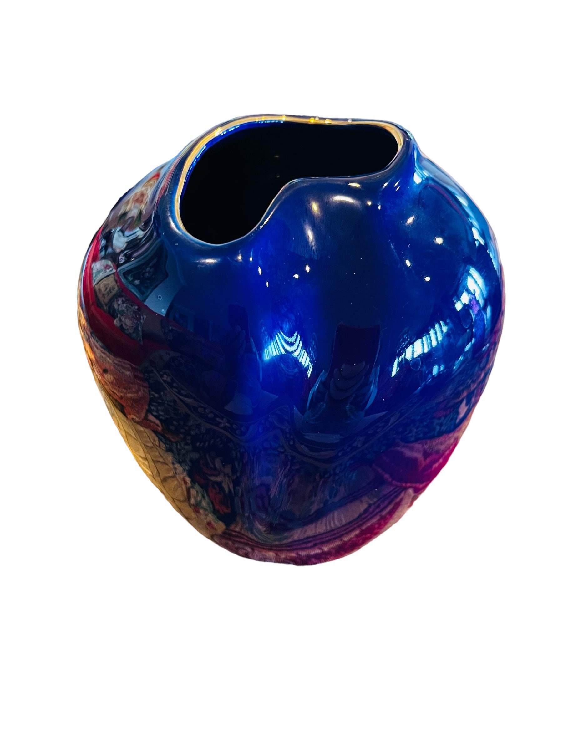 ユニークなヴィンテージの日本製大型孔雀花柄磁器製コバルトブルー花瓶