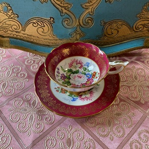 As is royal Stafford celebrity pattern burgundy red white cabbage rose tea cup and saucer