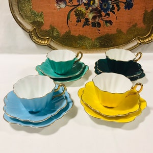 Vintage Set of Four Royal Stuart Bone China England Cups and Saucers Side Plates trio, yellow blue green tea set, Afternoon Tea Gift.