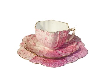 Rare Pre-Shelley Foley Wileman Pink tea cup saucer trio in Jungle pattern 6022, unique, Shelley tea cup and saucer, pink Shelley china