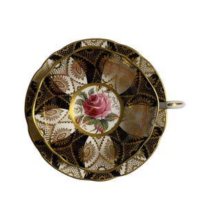 Rare vintage paragon black and gold wide mouth tea cup and saucer with pink cabbage rose centre, gift for her