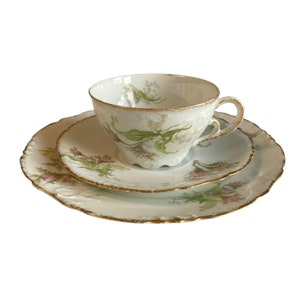As is - Rare vintage French J. Pouyat Limoges lily of the valley and pink moss rose tea cup saucer dessert plate trio, European porcelain