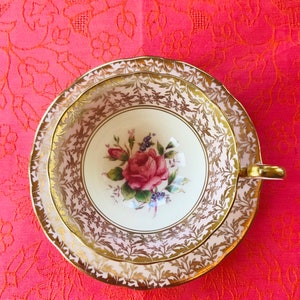As is Beautiful pink and gold aynsley tea cup and saucer with pink cabbage rose centre, English bone china gift for her, tea party