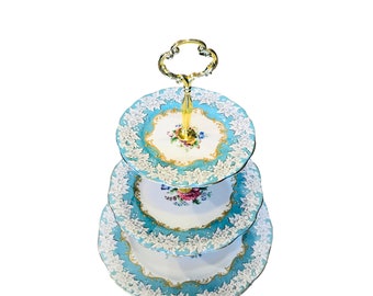 Royal Albert Enchantment Bone China England Three Tier Cake Stand. afternoon tea English, blue pink rose cake stand