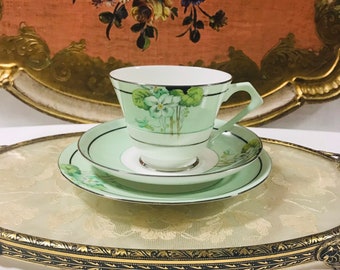 Rare Paragon Art Deco Antique Hand Painted Green Trio Tea Cup , Saucer and Plate, Fine China England, Collectible Gift.
