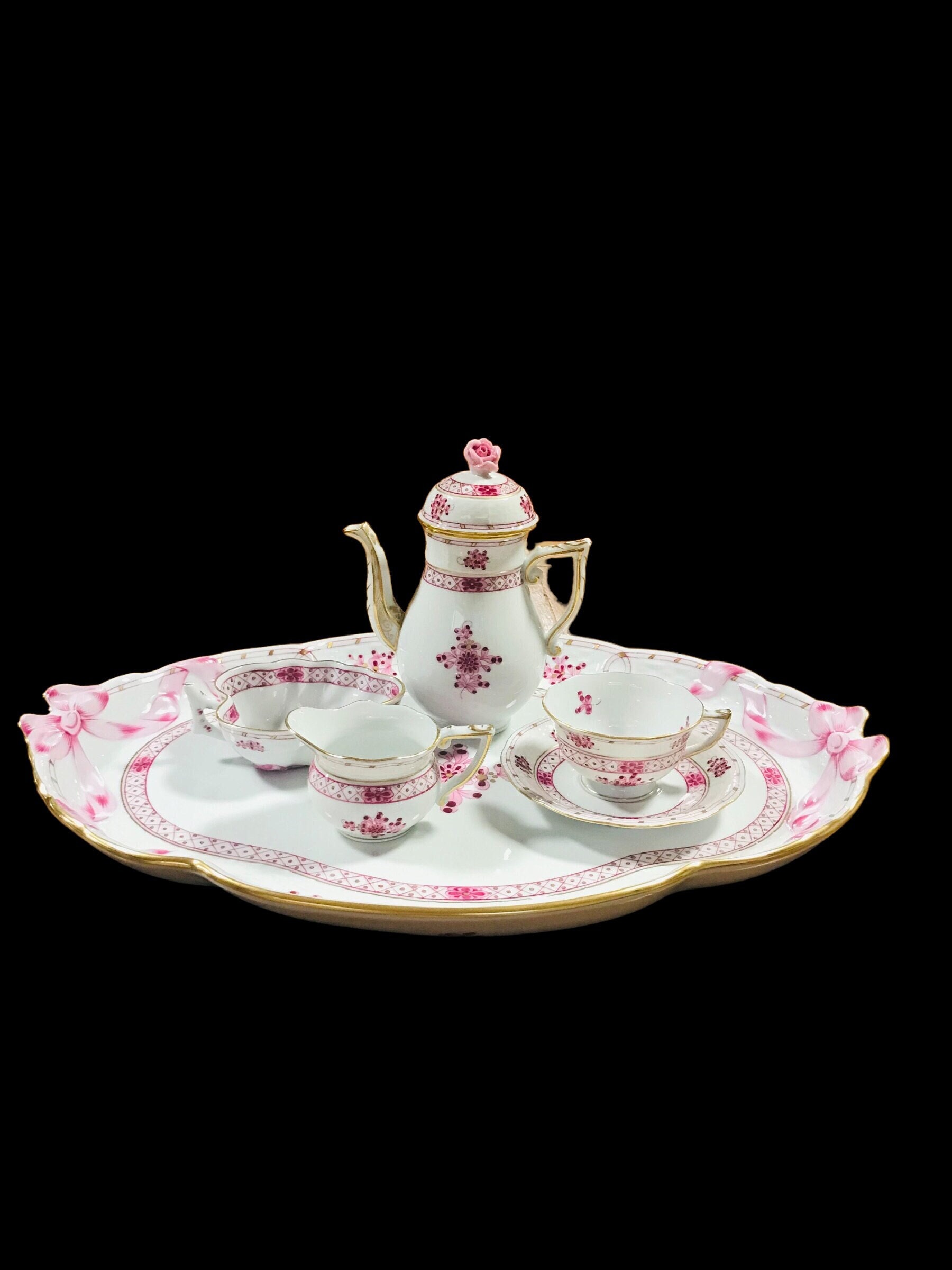 食器セット　HANDPAINTED Herend Gorgeous 7 Pc Hand Painted Herend Hungary Raspberry Pink Large Bow