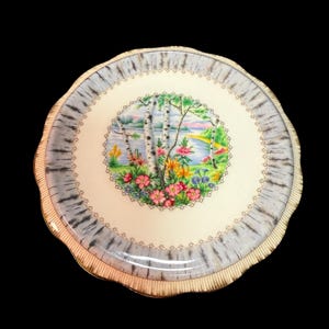 May include: A decorative plate with a painted landscape scene. The centre features birch trees, a lake, and flowers. The rim has a grey and white pattern with a gold edge. The plate has a scalloped edge.