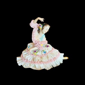 Antique Germany Dresden porcelain figurine Ballerina lace dancer in pink and white dress, beautiful antique Dresden figurine gift.