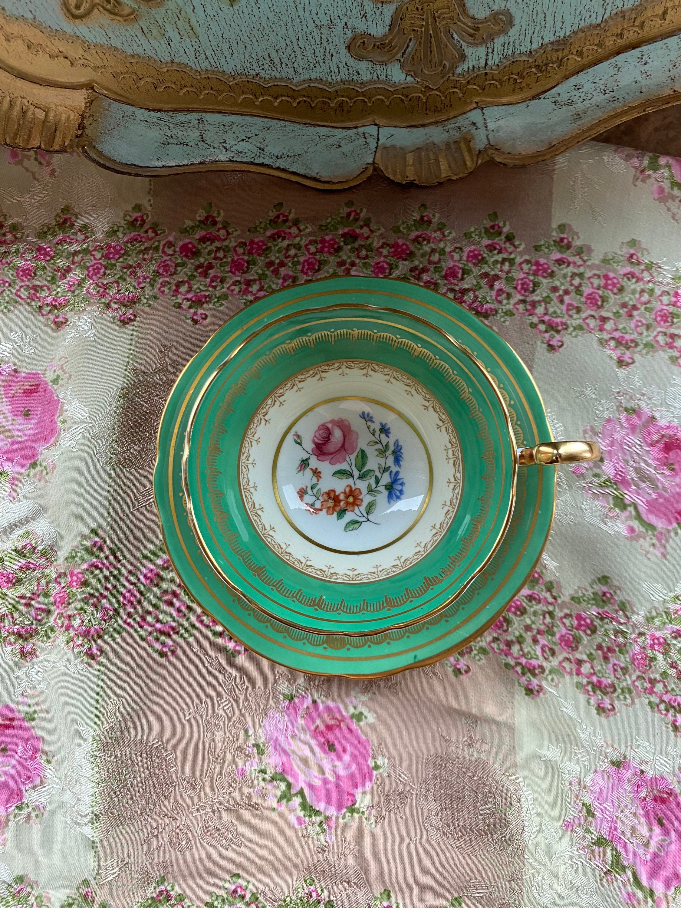 Vintage green aynsley tea cup and saucer with pink floral