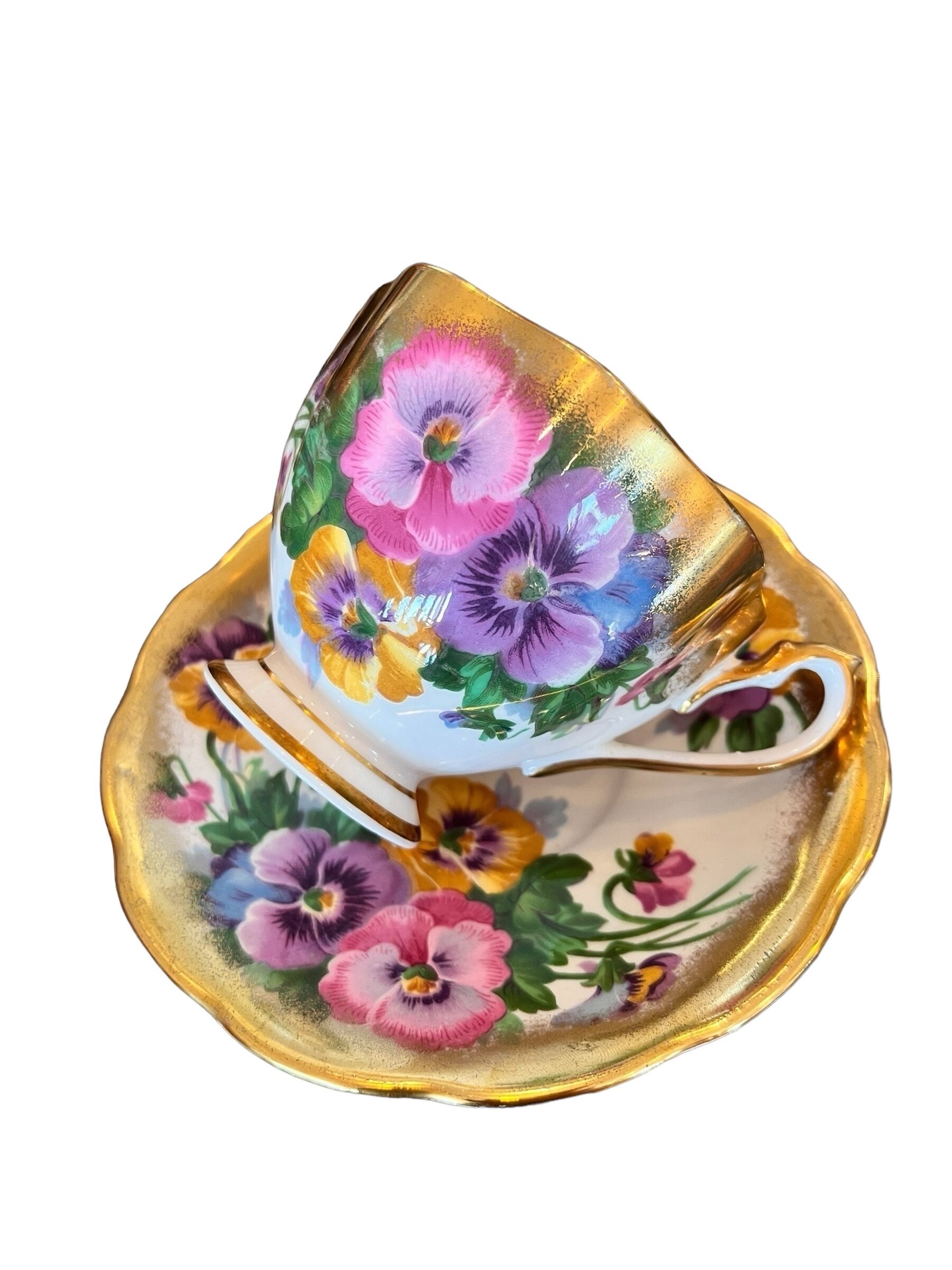 Rare Queen Anne heavy gold Spring Melody tea cup and saucer with pink purple yellow pansies. English Pansy tea cup gift