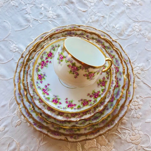 French Limoges bridal wreath shops pink purple rose 8 pc dinner set, tea cup and saucer, side plate, dinner set gift for her