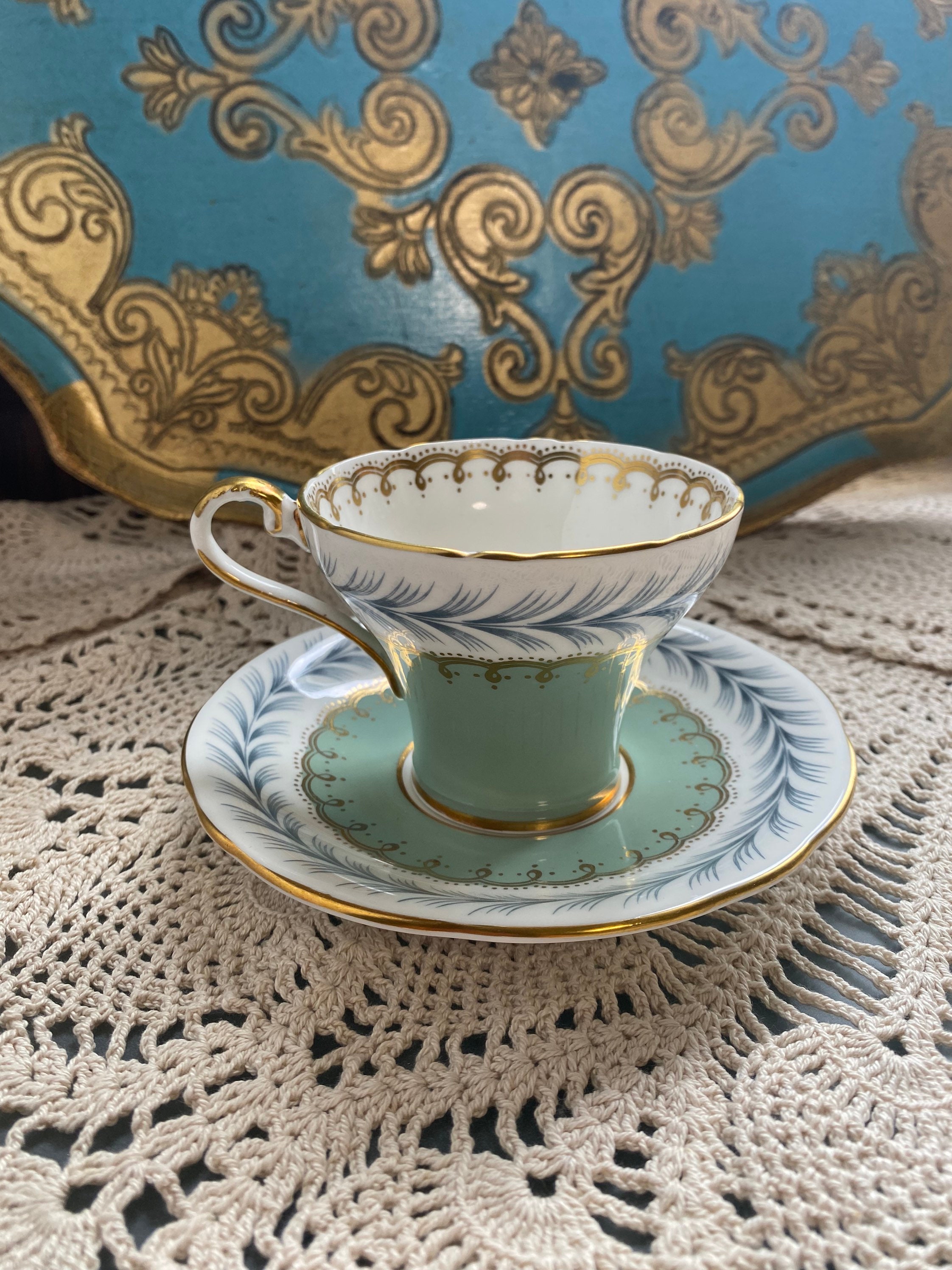 Aynsley Unique Corset Shaped Sage Green Tea Cup and Saucer With
