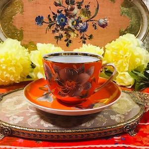 Unique bright red orange vintage hand painted super large tea cup and saucer, European china tea cup gift, Red tea cup with poppy.