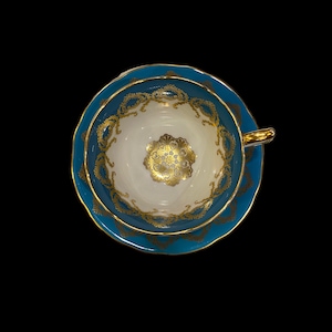 Vintage sky blue aynsley wide mouth tea cup and saucer with gold medallion, English bone china