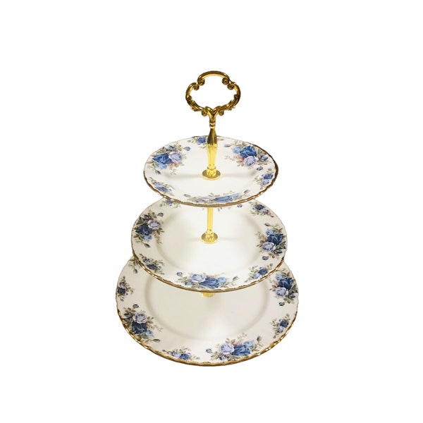 Royal Albert Moonlight rose three tiered cake stand mint condition, bone china England, gorgeous afternoon tea gift.