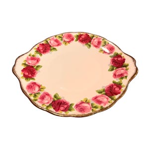 Vintage Royal Albert Old English Rose handled cake plate with pink rose and gold trim bone china England, beautiful holiday gift.
