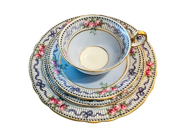 Vintage four pieces of Aynsley purple blue Handpainted bow tie, garlands and pink rose England, dessert and side plates, tea cup and saucer.