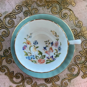 Vintage aynsley sage green butterfly garden tea cup and saucer