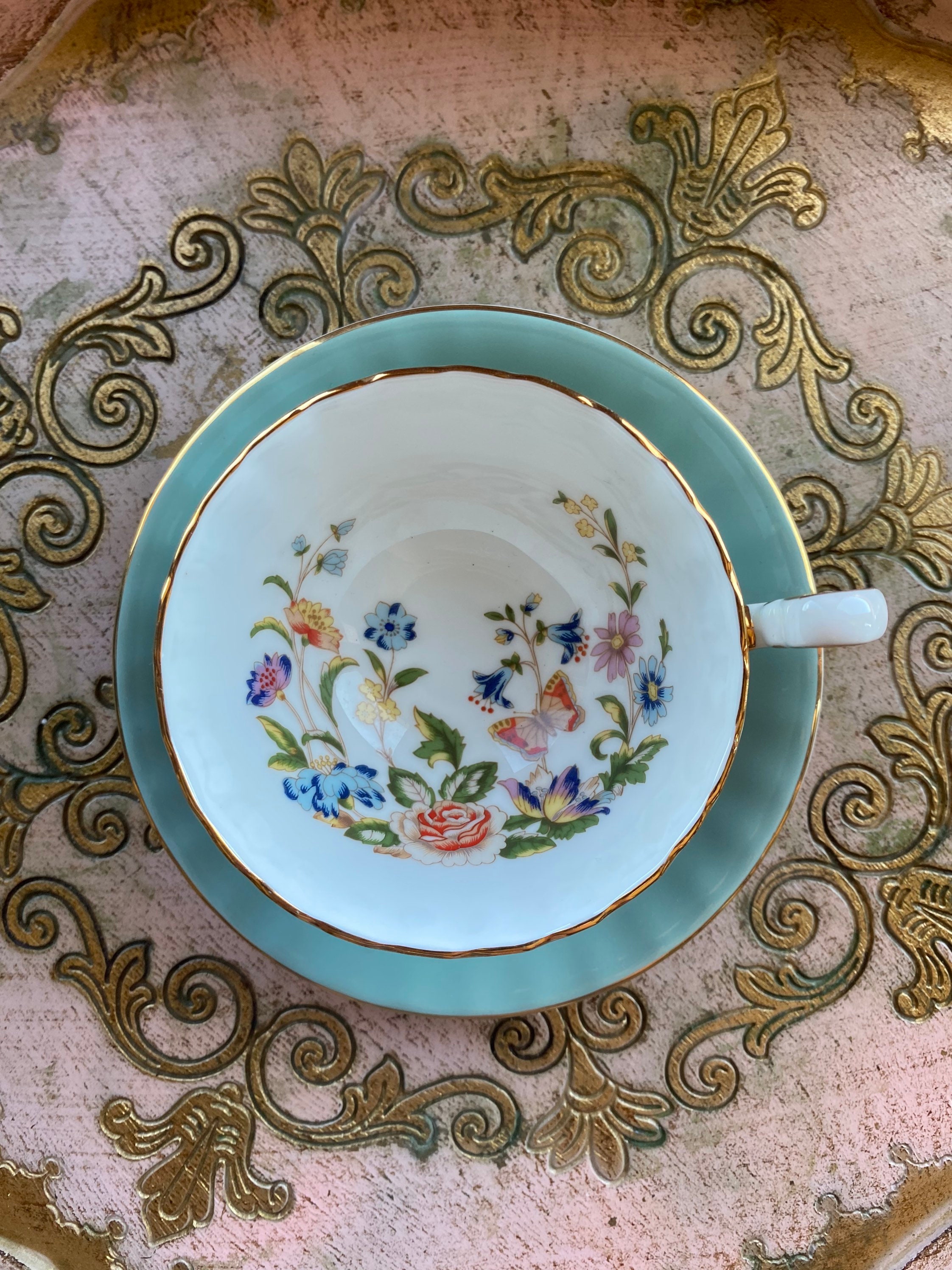 Vintage aynsley sage green butterfly garden tea cup and saucer