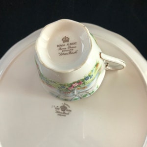 Pu&ograve; includere: Un set di tazza e piattino in porcellana Royal Albert Silver Birch. La tazza presenta un delicato design floreale e paesaggistico con finiture dorate. Il piattino e la tazza sono bianchi con i marchi "Royal Albert" e "Silver Birch".