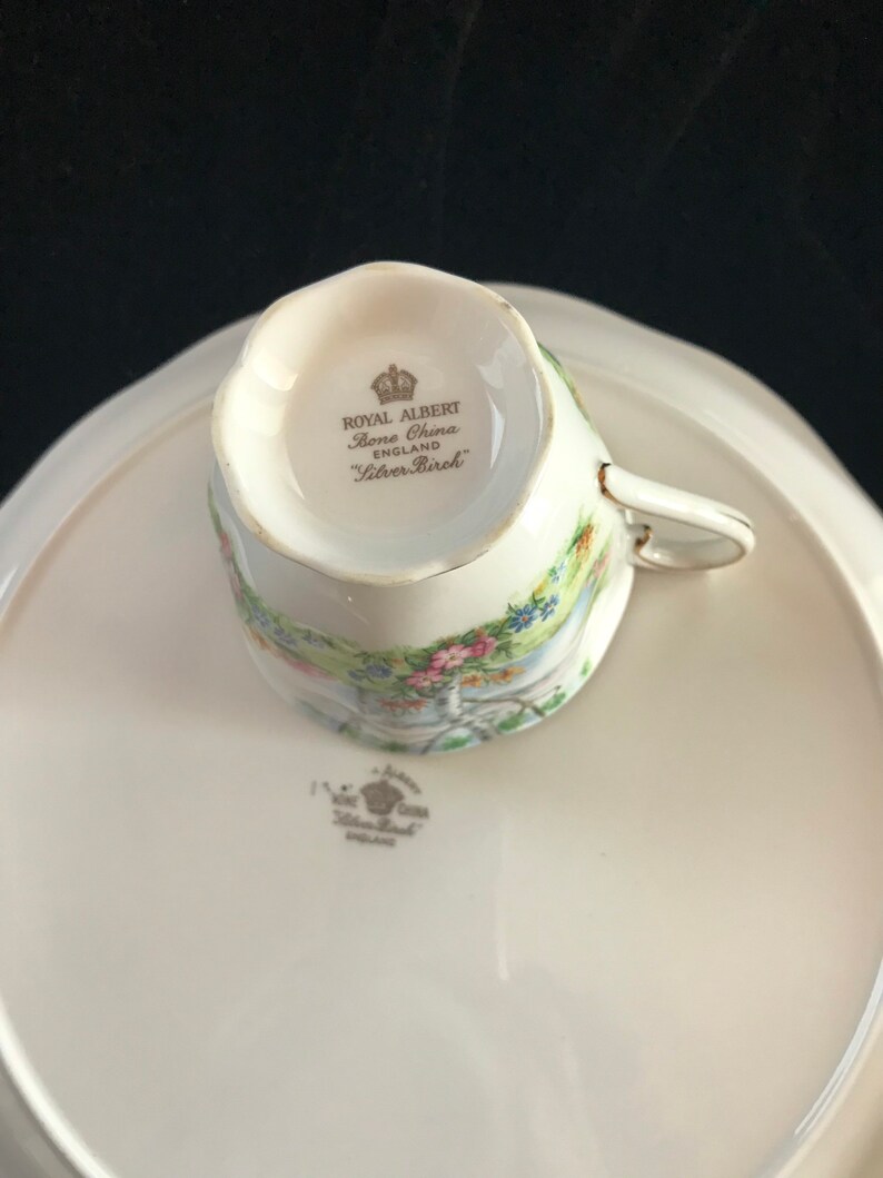 Pu&ograve; includere: Un set di tazza e piattino in porcellana Royal Albert Silver Birch. La tazza presenta un delicato design floreale e paesaggistico con finiture dorate. Il piattino e la tazza sono bianchi con i marchi "Royal Albert" e "Silver Birch".