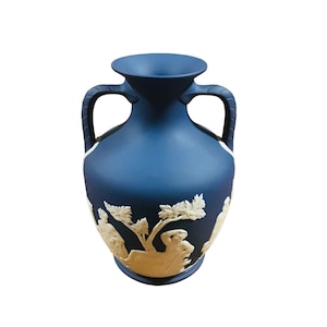 Rare vintage Wedgwood Portland dark blue Jasper Ware Portland vase 6”, made in England and has “ 71” stamped on the base, collectible vase.