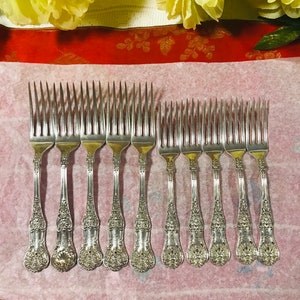 Vintage Heavy Sterling silver forks 5 dinner and 5 lunch forks, Sterling silver cutlery, silver investment, 653 grams in total.