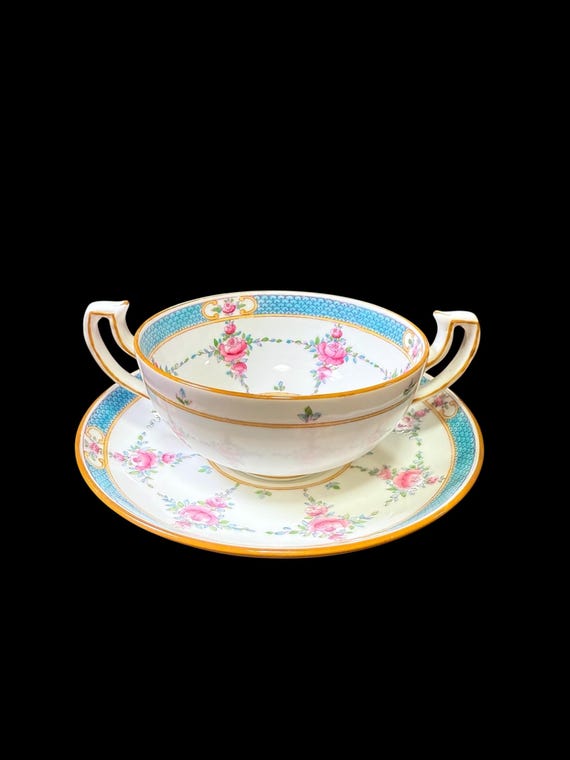 Antique Minton Persian Rose Soup Bowl & Saucer: Turquoise Blue