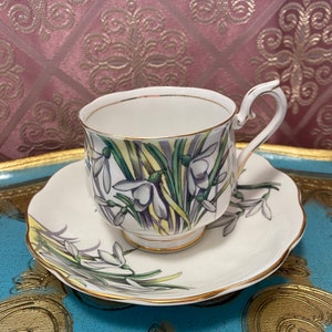 Royal Albert Handpainted flower of month tea cup saucer January snowdrop, gift birthday January snowdrop cup