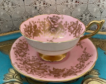 Pink footed Coalport tea cup and saucer with gold orchid and gold handle, stunning English tea cup gift