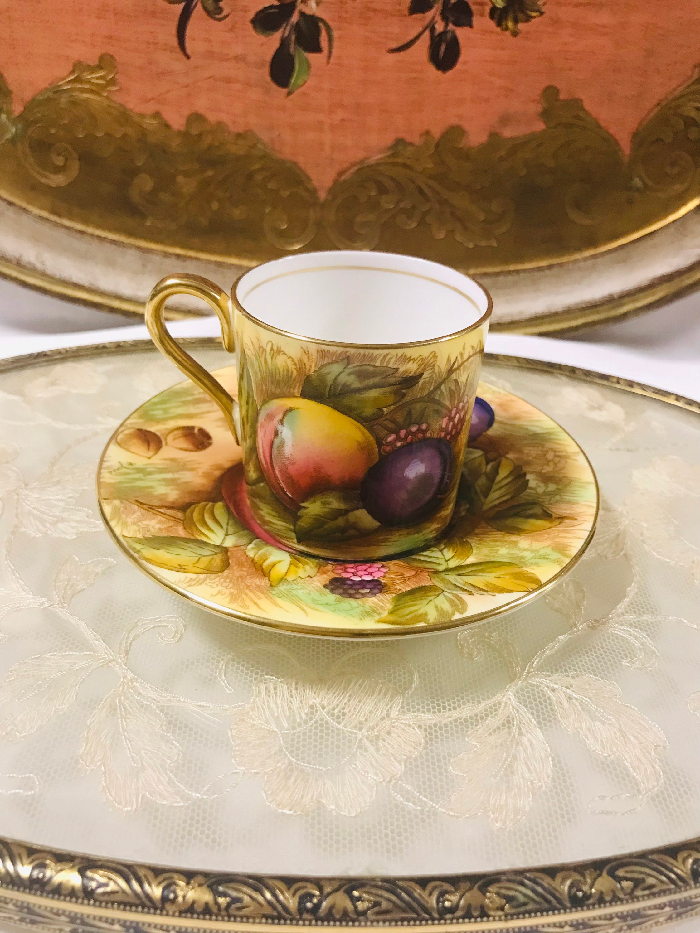 Vintage Aynsley Gold Orchard Signed D.jones Demitasse Set With