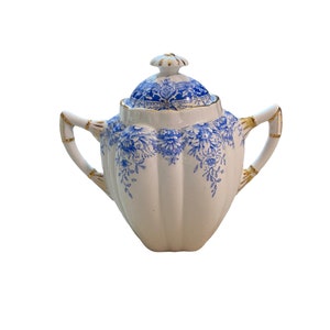 As is - rare wileman foley pre Shelley blue and white 6231 double handled sugar bowl with lid, serving piece, large