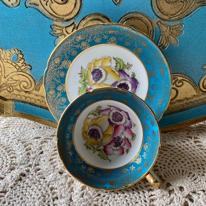 Vintage rare Handpainted Stanley blue and gold Robinson artist signed tea cup and saucer with triple Pansy Center pansies tea set