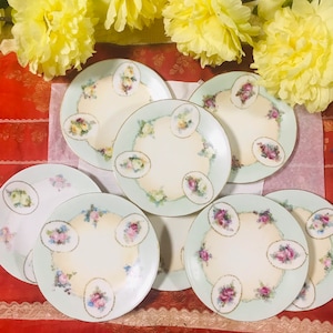 Set of 8 handpainted Elite Limoges France dessert plates, light green and pink, yellow roses with gold trim. Gorgeous  tea party gift.