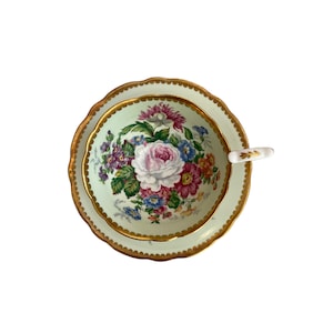 Rare green royal Stafford celebrity cabbage rose tea cup and saucer, footed gold gild, gift for her
