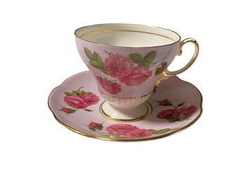 Vintage foley pink footed tea cup and saucer with large pink cabbage rose