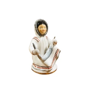 Vintage collectible porcelain figurine Yakut girl with fish 5.5” T, unique vintage figurine.