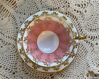 Aynsley pink and gold leaf tea cup and saucer, English bone china, collectible cabinet vintage tea set, gift for her, lace pink tea set
