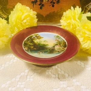 Antique HandPainted Welsh Landscape “Mill at Aber- Dylais Glamorganshire“ Cake Stand Circle 1860’s, Gorgeous Antique Collectible Gift.