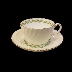 Vintage English bone china mintons Cheviot light green tea cup and saucer, swirl shape, classic tea gift for her