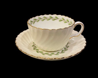 Vintage English bone china mintons Cheviot light green tea cup and saucer, swirl shape, classic tea gift for her