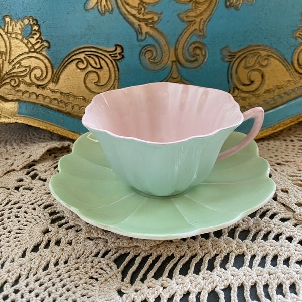 As is rare Shelley mismatched tea cup and saucer green cup exterior blue saucer pink interior, gift for her, collectible Shelley