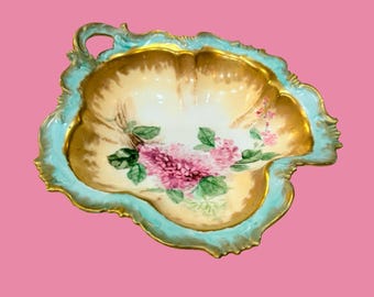 Antique Rosenthal Bavaria Monbijou porcelain hand-painted floral large handled Bowl 10” D Turquoise blue with gold gilded Germany.