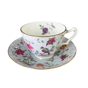 Vintage Crown Staffordshire hand painted bird and flowers tea cup and saucer bone china England, collectible English tea cup.