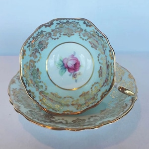 Double warrant blue paragon tea cup and saucer with pink single rose, English collectible teacup gift for her
