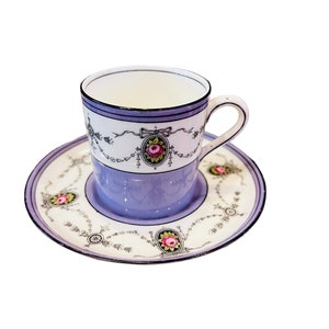 demitasse sized aynsley Handpainted purple bow tie and pink rose flower  cup and saucer, collectibleEnglish bone china coffee cup.l