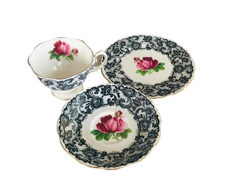 Stunning Royal Albert senorita trio tea cup and saucer and side plate , rare bone china, black lace and big red rose, gift for her